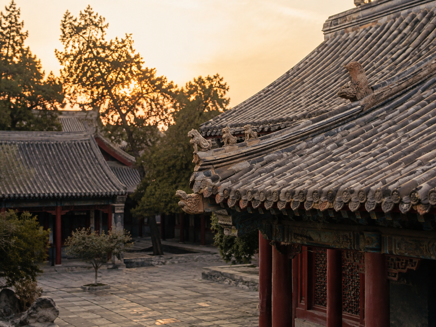 Historic Chinese courtyard in warm evening light