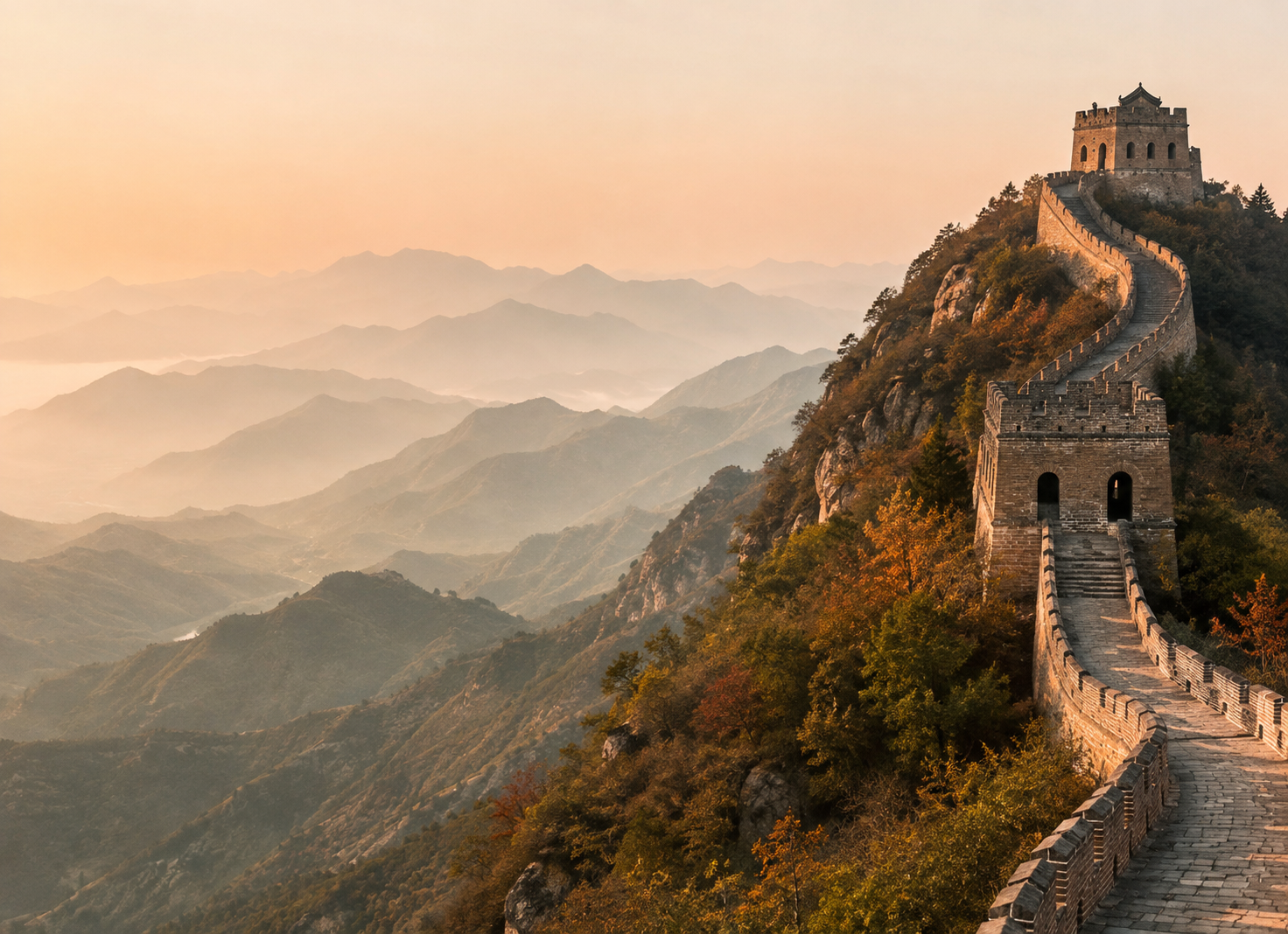 The Great Wall winding through mountains at sunrise